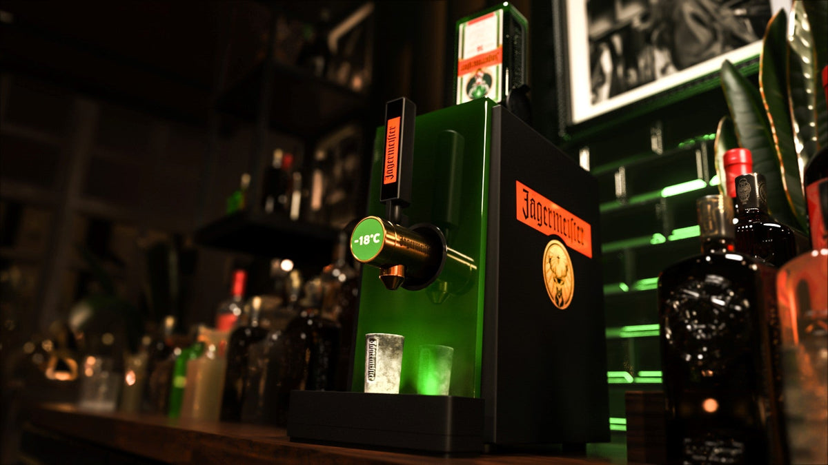 1 bottle tap machine standing on a bar counter