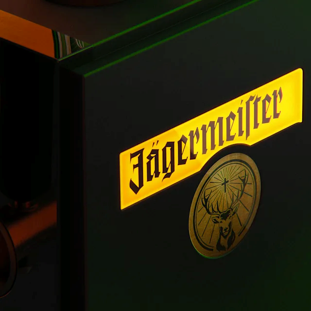 close up of the side of a 1 bottle tap machine with Jägermeister branding