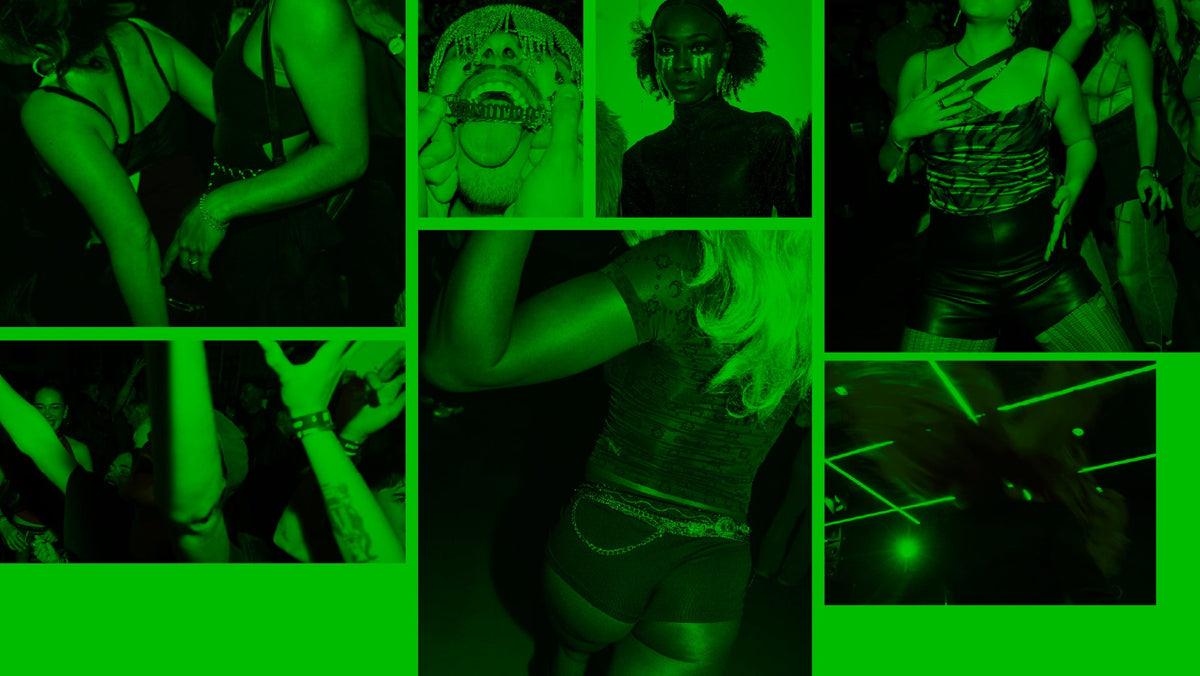 A green-tinted collage of multiple photos showing people at a nightclub or party, with neon lights and dark club interiors.