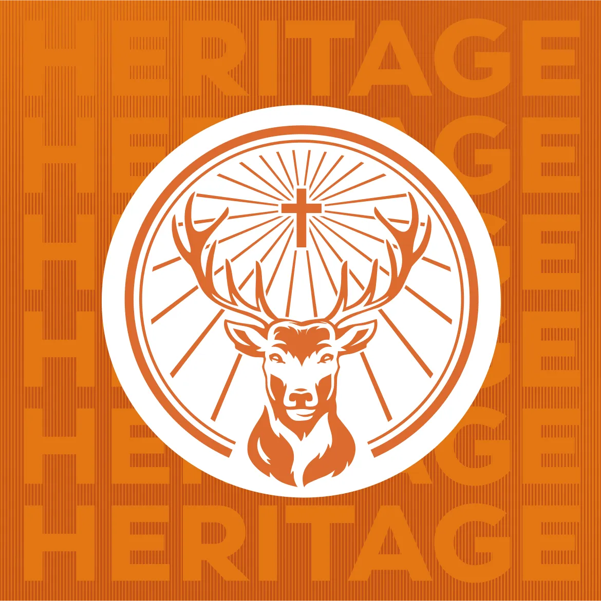 An orange and white graphic design featuring a stag head with antlers inside a circular emblem with a cross and sunburst, set against a patterned orange background with the word 'HERITAGE' repeated.