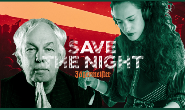 Promotional graphic with the text 'SAVE THE NIGHT' and 'Jägermeister' over a stylized photo of two people in a concert-like setting, rendered in red, orange, and green monochrome tones.