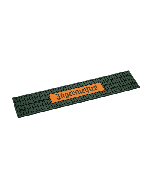 Green Jägermeister bar mat with orange branding