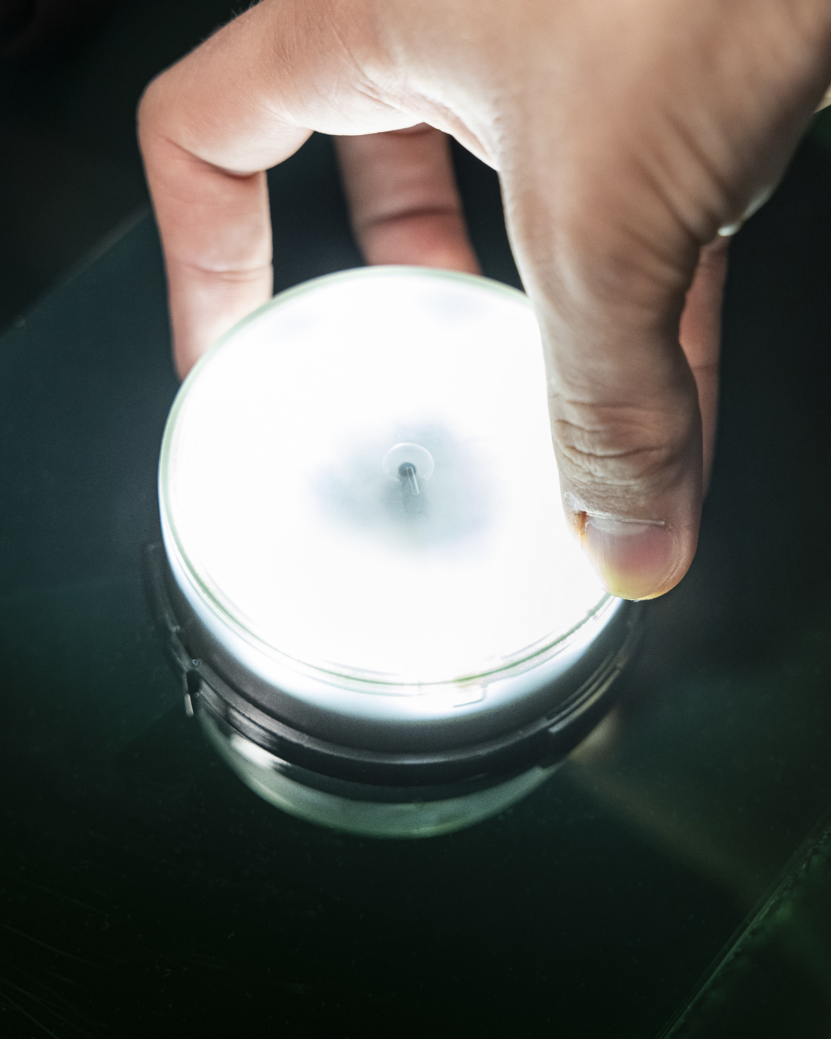 Hand holding a small round light source on a dark surface