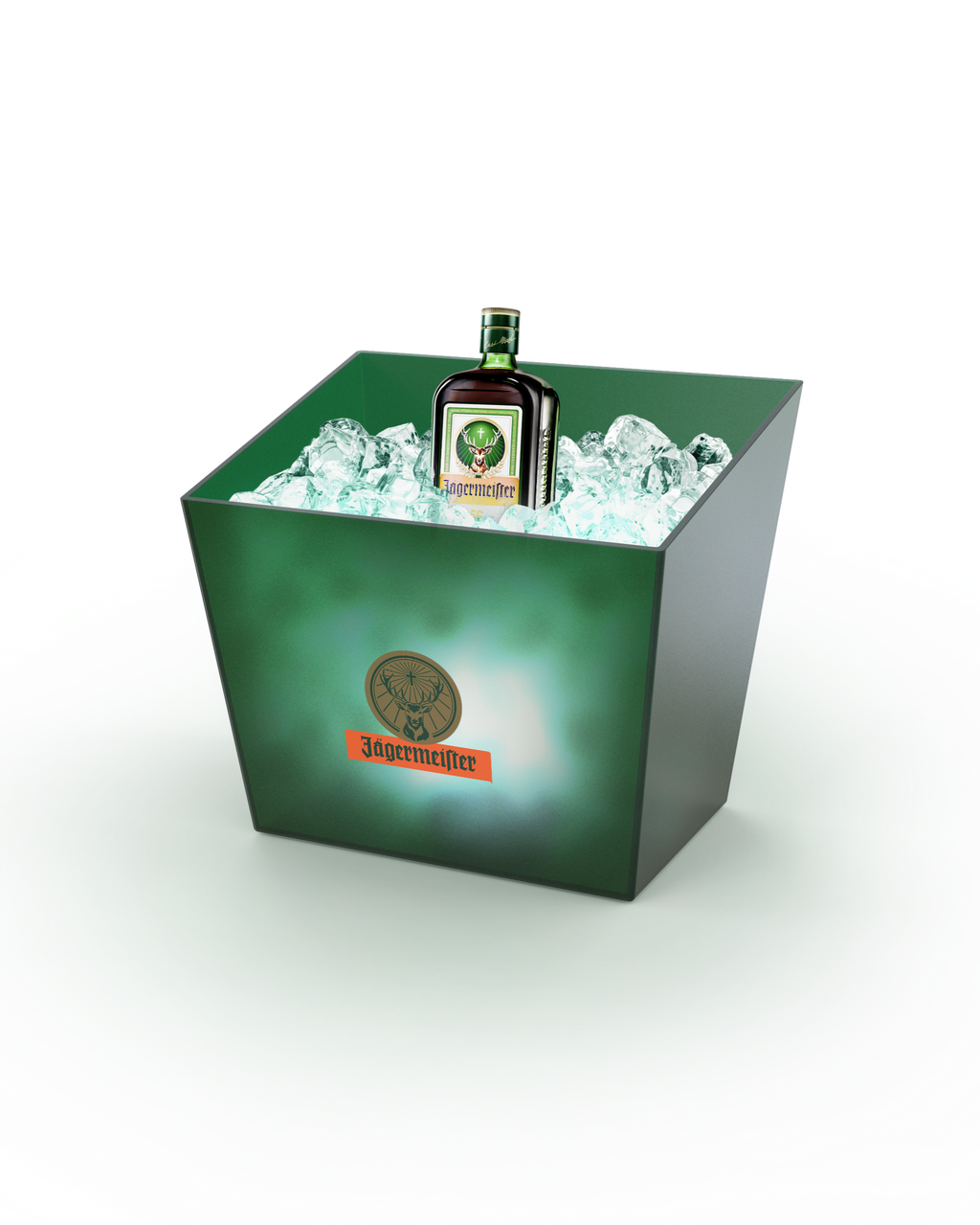 Green ice bucket with Jägermeister bottle and ice cubes 