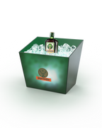 Green ice bucket with Jägermeister bottle and ice cubes 