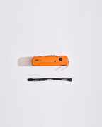 Orange MF-1 device with a black lanyard on a white background