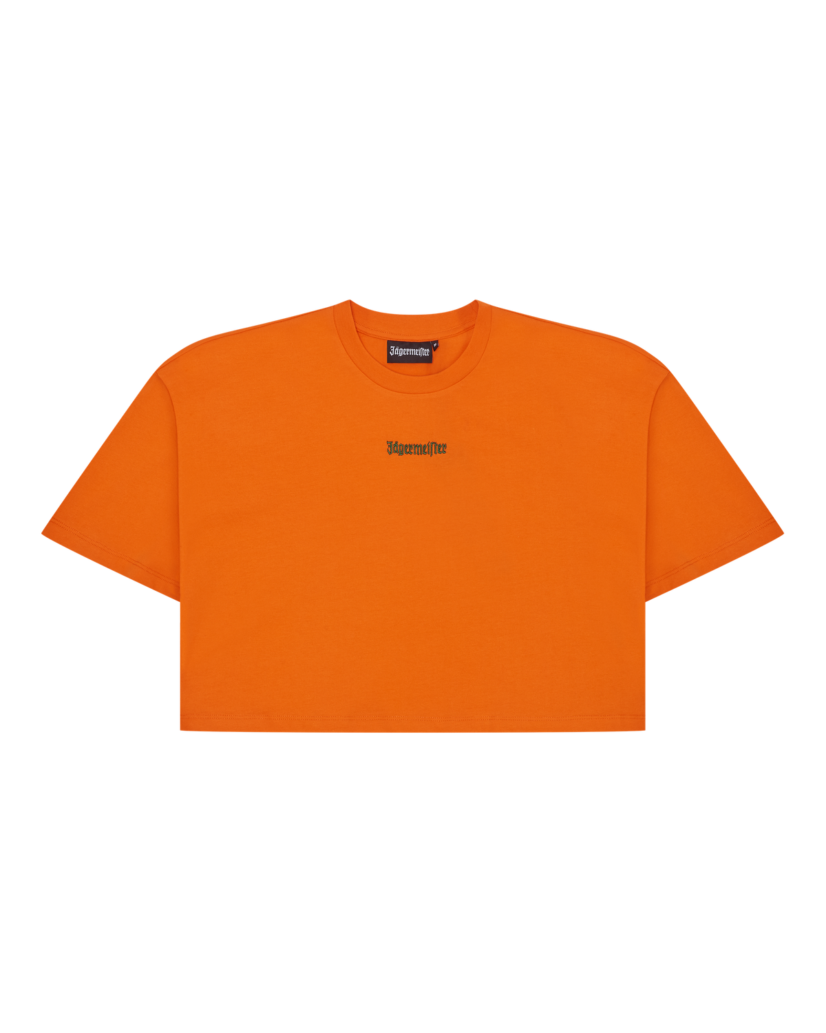 Oranje Jägermeister cropped tee met een groen merkelogo.