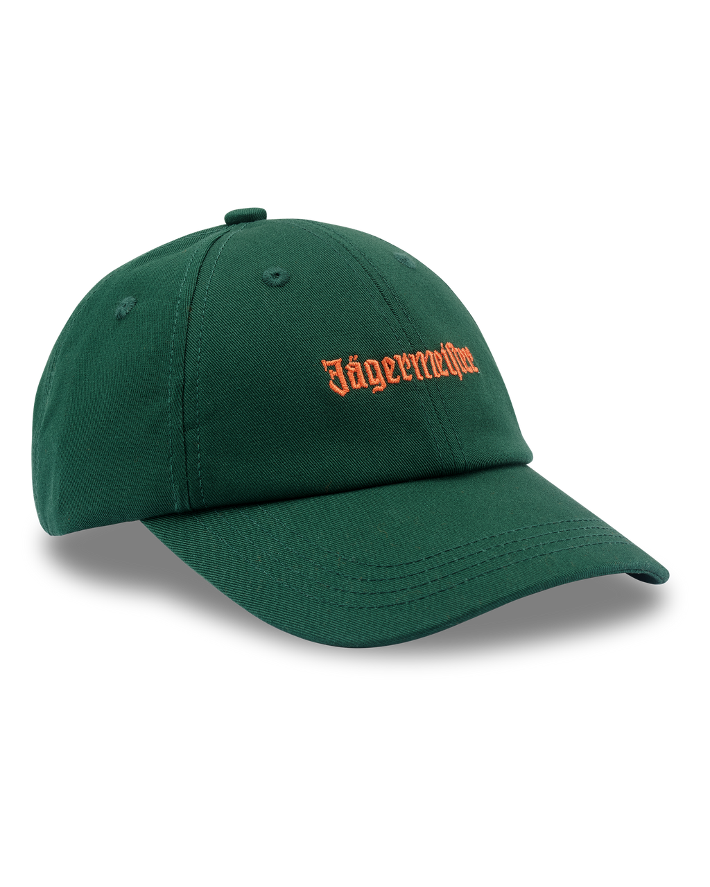 Green Jägermeister dad cap with an orange Jägermeister wordmark logo on the front.