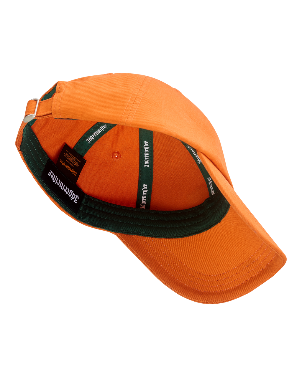 Orange Jägermeister dad cap with green brim.