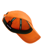 Orange Jägermeister dad cap with green brim.