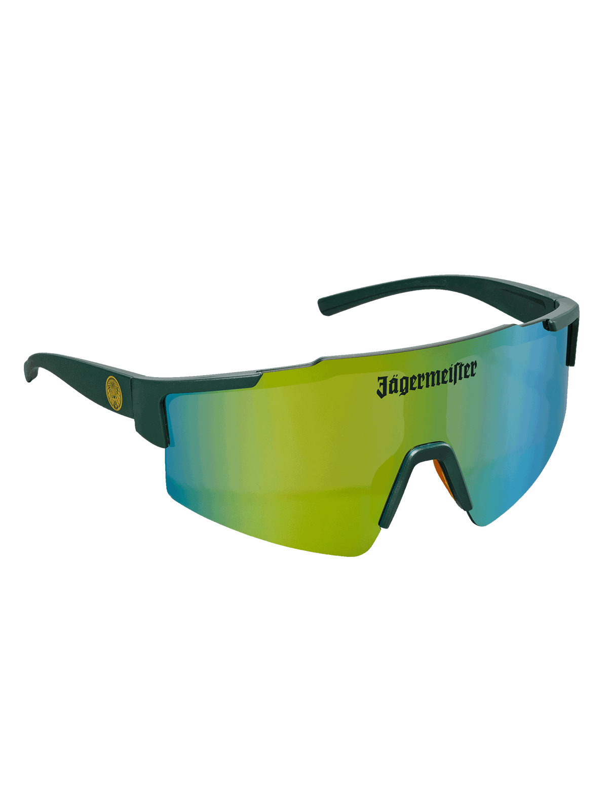 Sunglasses with green reflective lenses and Jägermeister logo