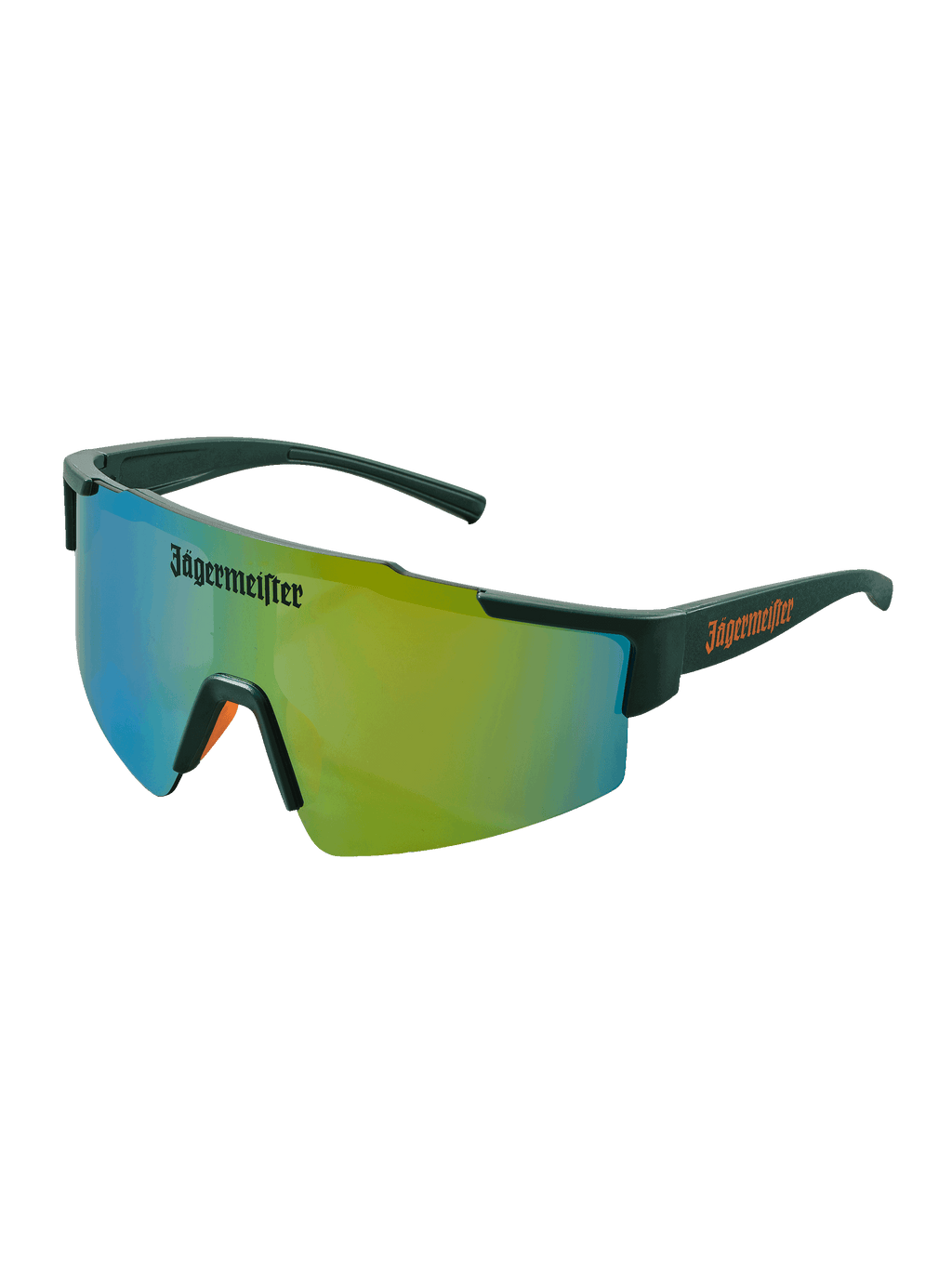 Sunglasses with green reflective lenses and Jägermeister branding