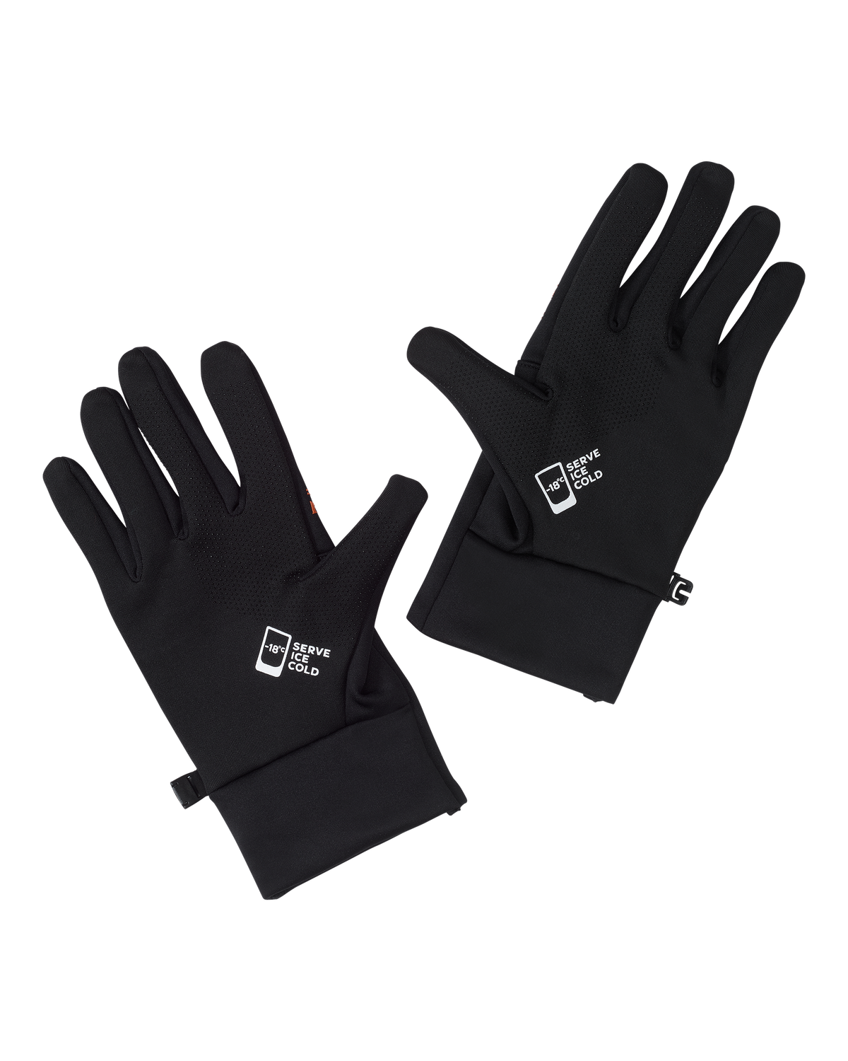 Paar zwarte handschoenen met Jägermeisters 'Serve Ice Cold'-logo.
