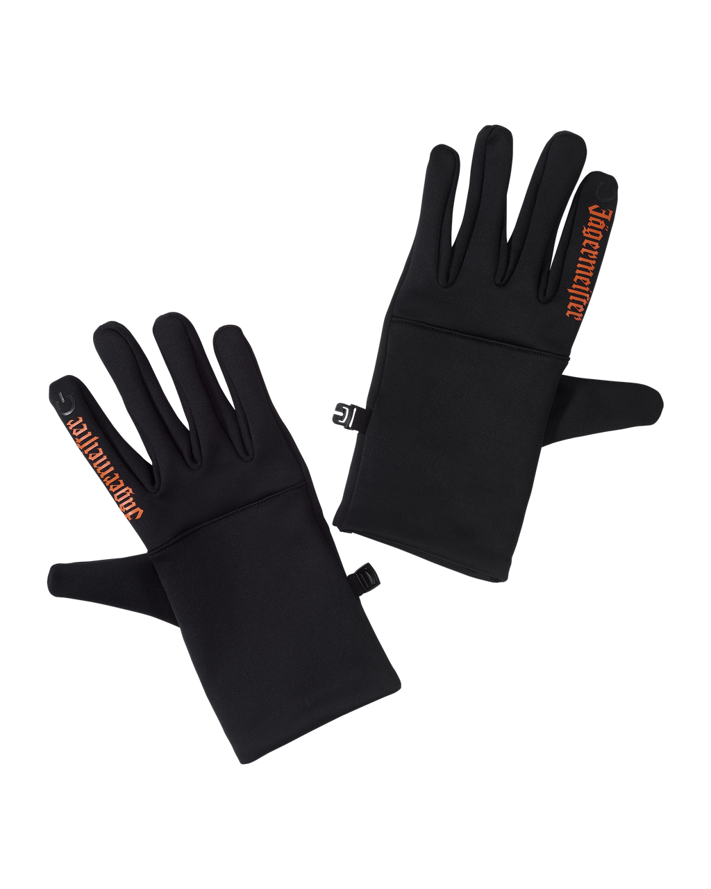 Zwarte Jägermeister-handschoenen met oranje Jägermeister-woordmerk op de wijsvinger.