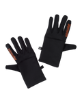 Zwarte Jägermeister-handschoenen met oranje Jägermeister-woordmerk op de wijsvinger.