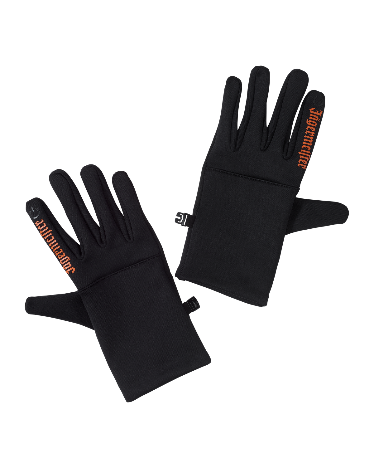 Zwarte Jägermeister-handschoenen met oranje Jägermeister-woordmerk op de wijsvinger.