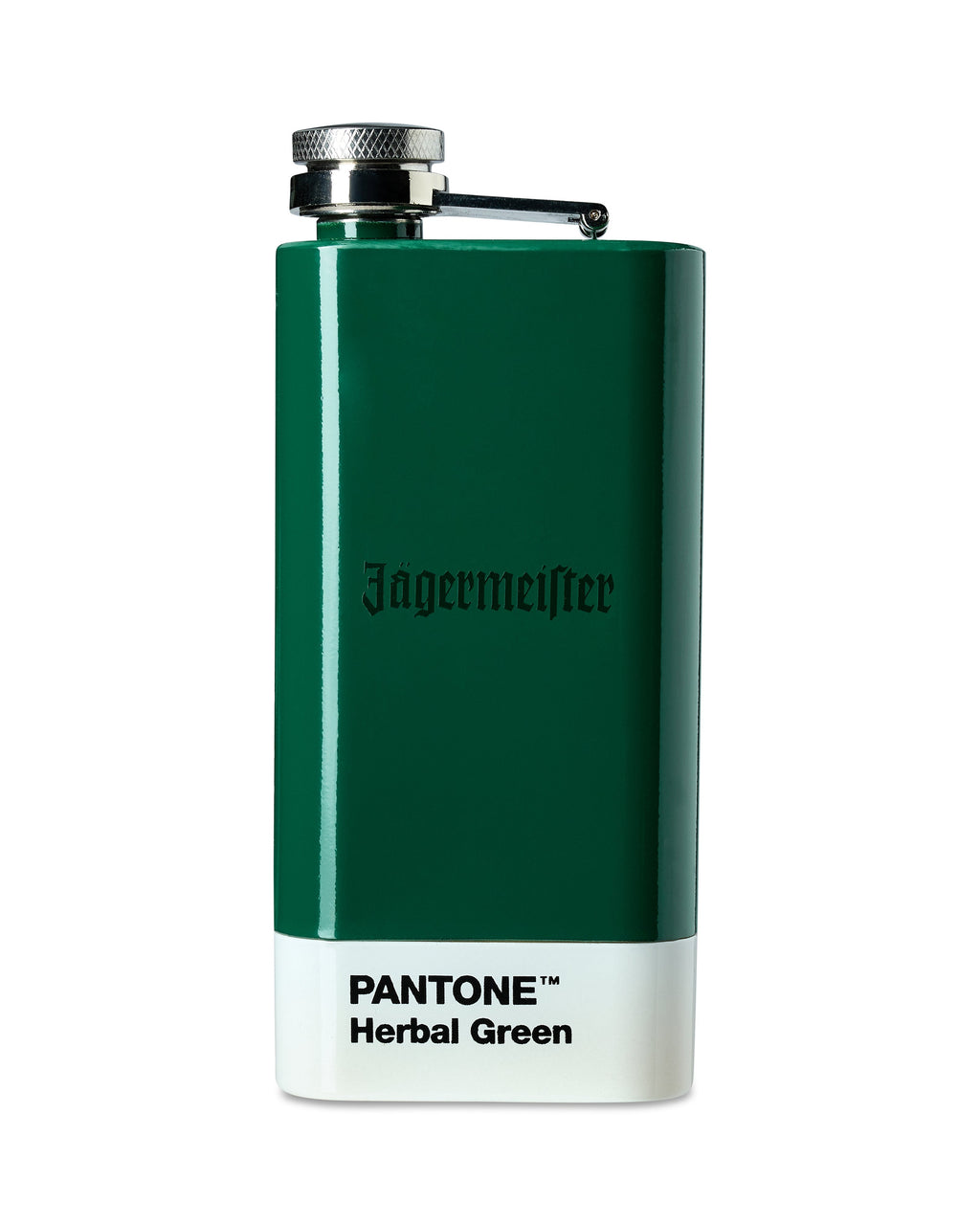 Groene drinkfles met 'Jägermeifter' en 'Pantone Herbal Green' tekst op een witte achtergrond