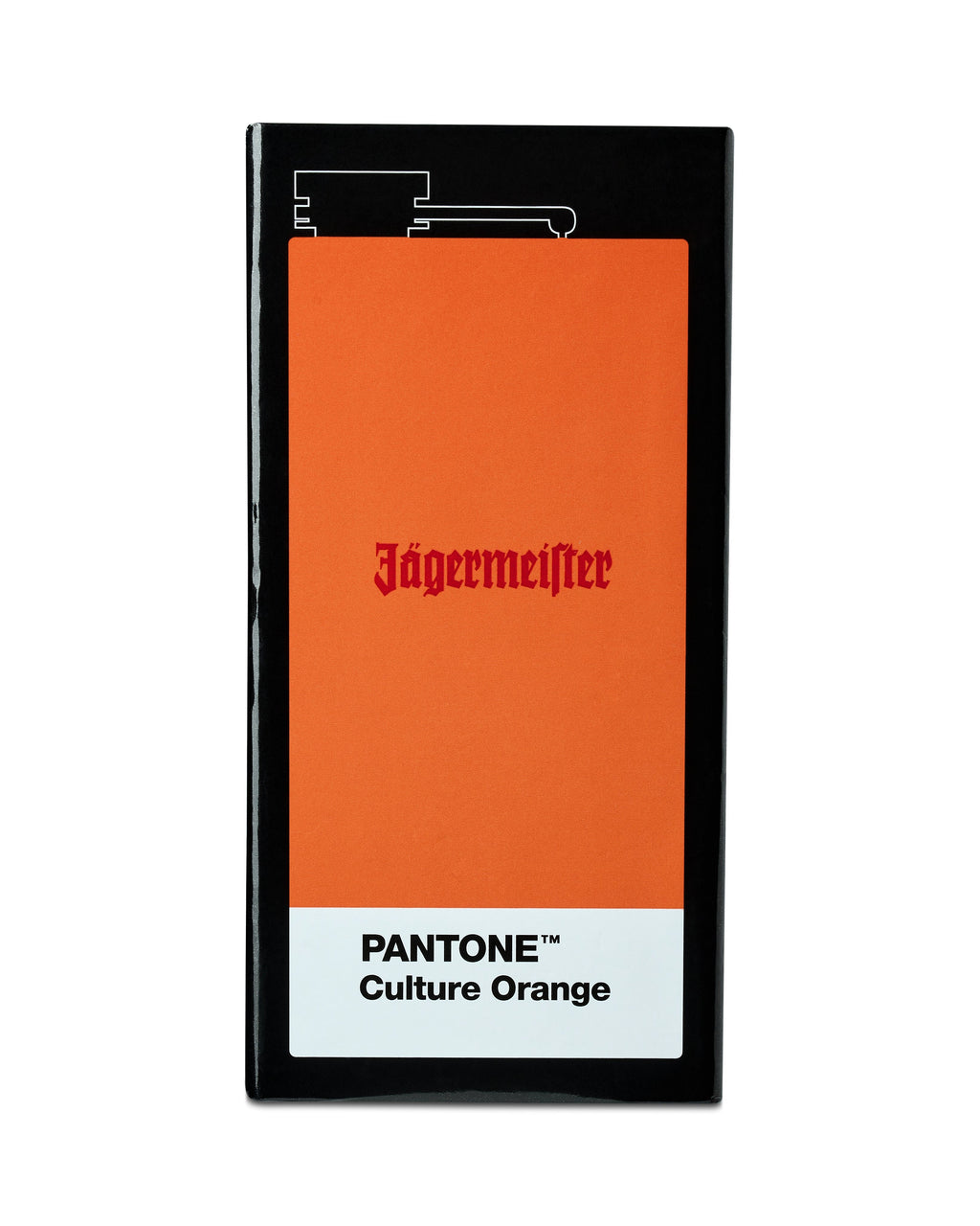 Jägermeister-flacondoos met 'PANTONE Culture Orange'-label op een witte achtergrond