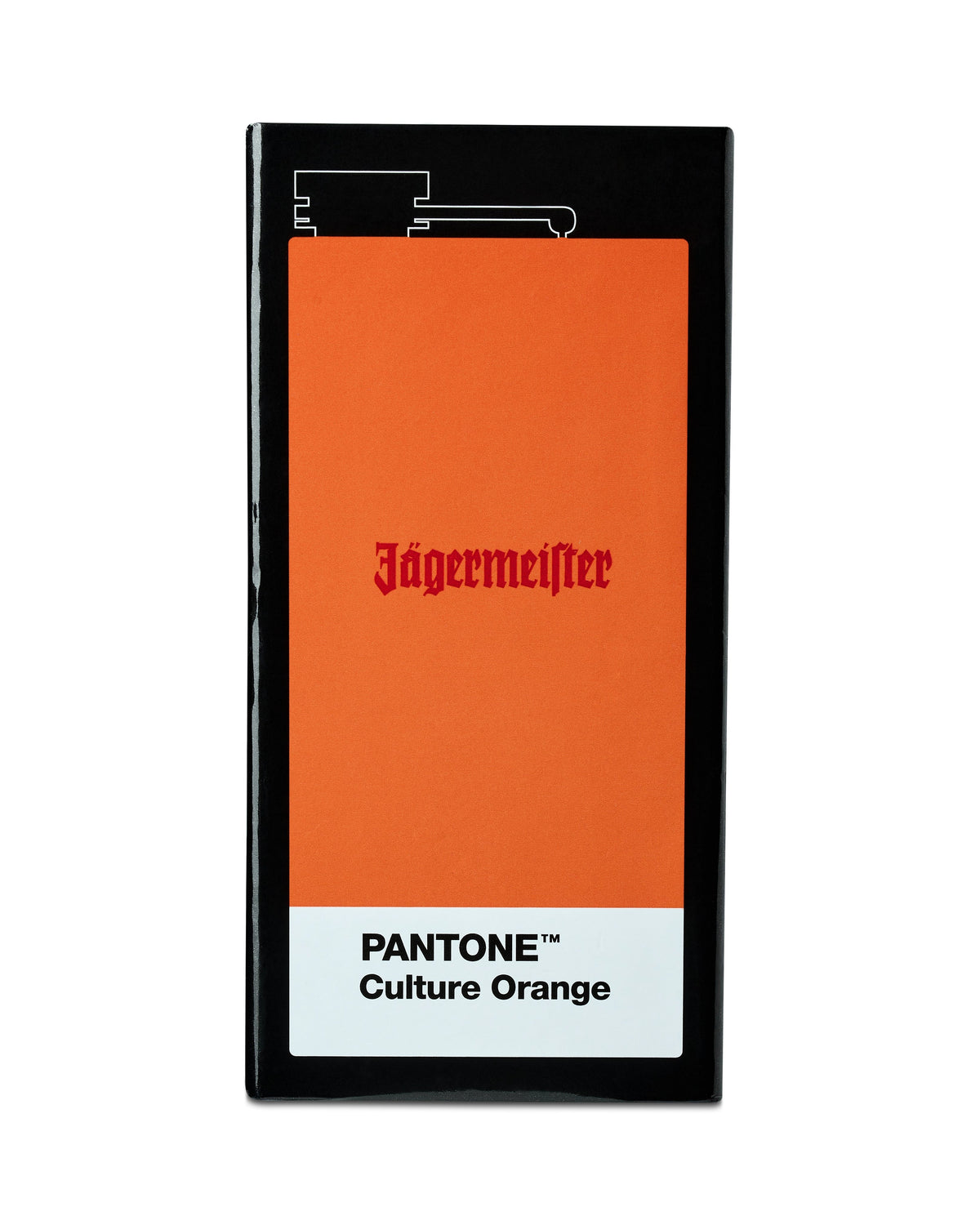 Jägermeister-flacondoos met 'PANTONE Culture Orange'-label op een witte achtergrond