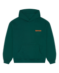 Green hoodie with an orange brand logo on the chest.