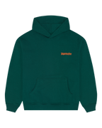 Green hoodie with an orange brand logo on the chest.