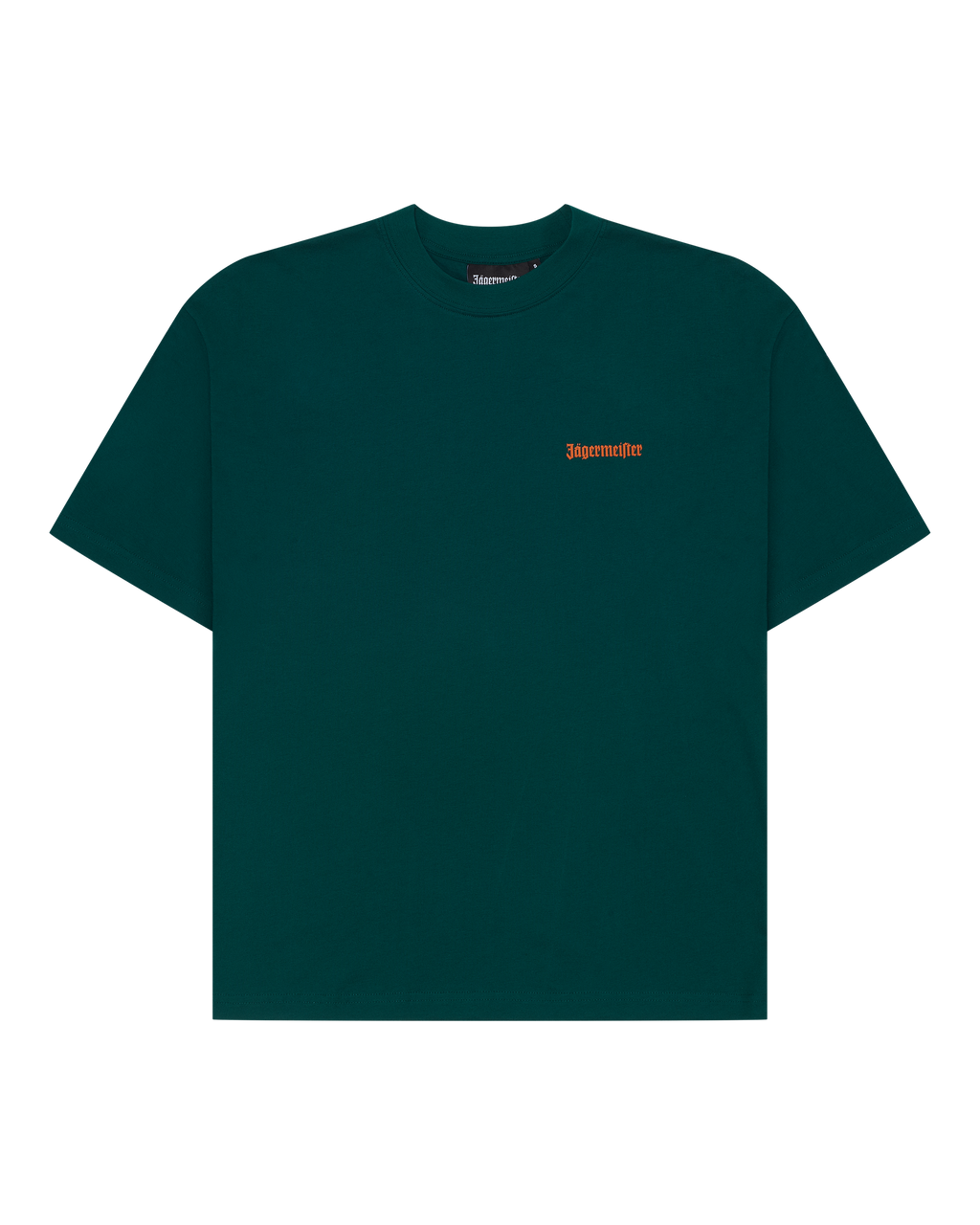 Groen Jägermeister T-shirt met een klein groen Jägermeister-woordmerk op de borst.