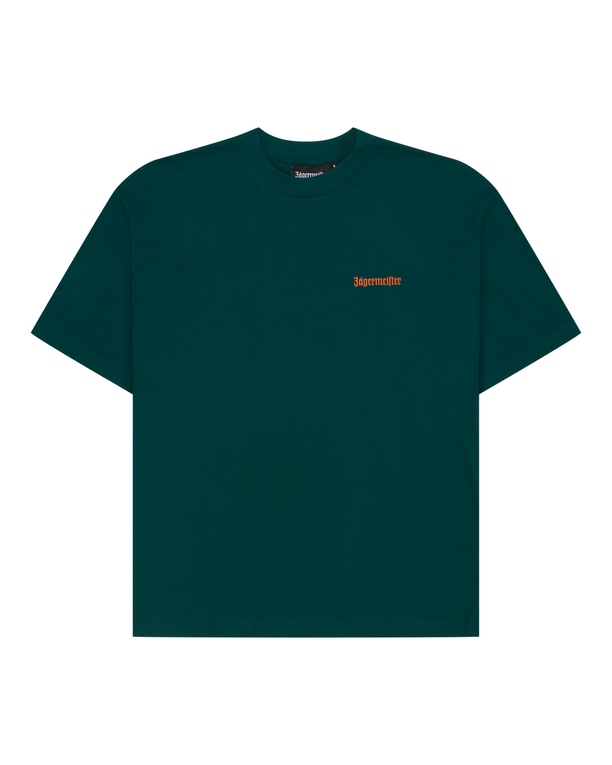Groen Jägermeister T-shirt met een klein groen Jägermeister-woordmerk op de borst.