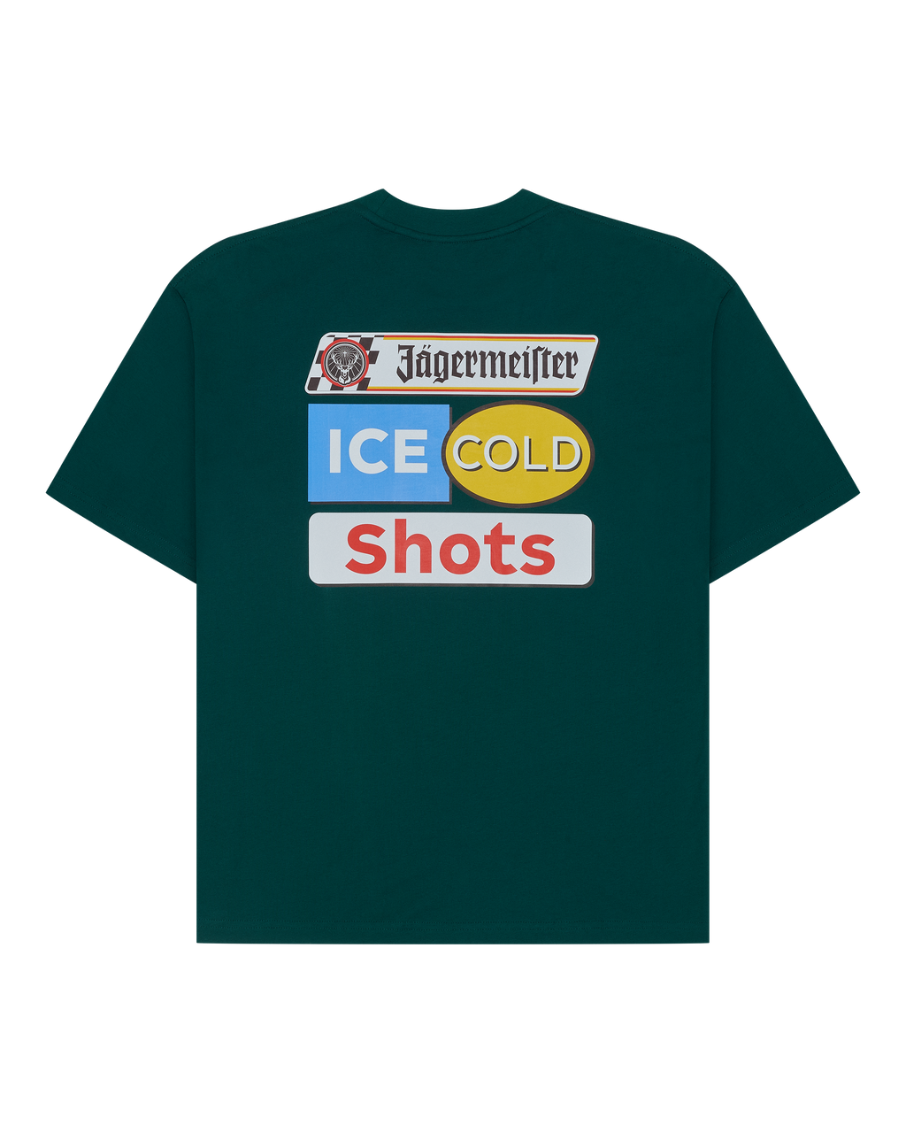 Groen T-shirt met Jägermeister 'Ice Cold Shots'-branding op de achterkant van het T-shirt.