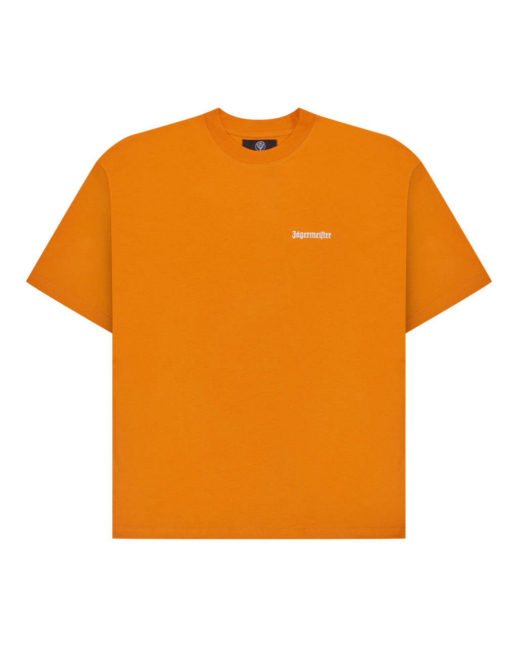 Oranje Jägermeister T-shirt met een wit Jägermeister-woordmerk op de borst.