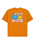 T-shirt orange avec la marque Jägermeister « Ice Cold Shot » au dos du t-shirt.