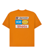 T-shirt orange avec la marque Jägermeister « Ice Cold Shot » au dos du t-shirt.