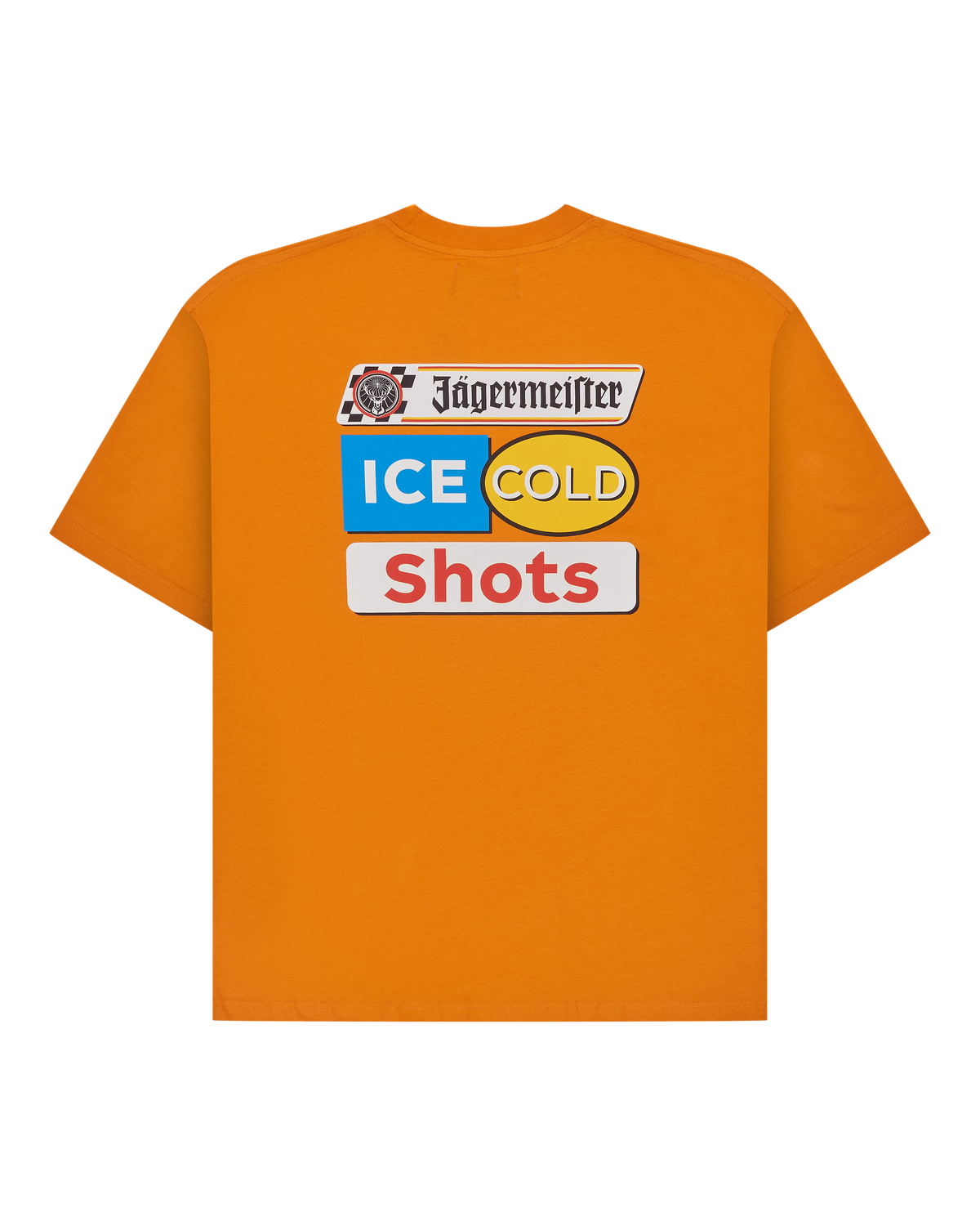 T-shirt orange avec la marque Jägermeister « Ice Cold Shot » au dos du t-shirt.