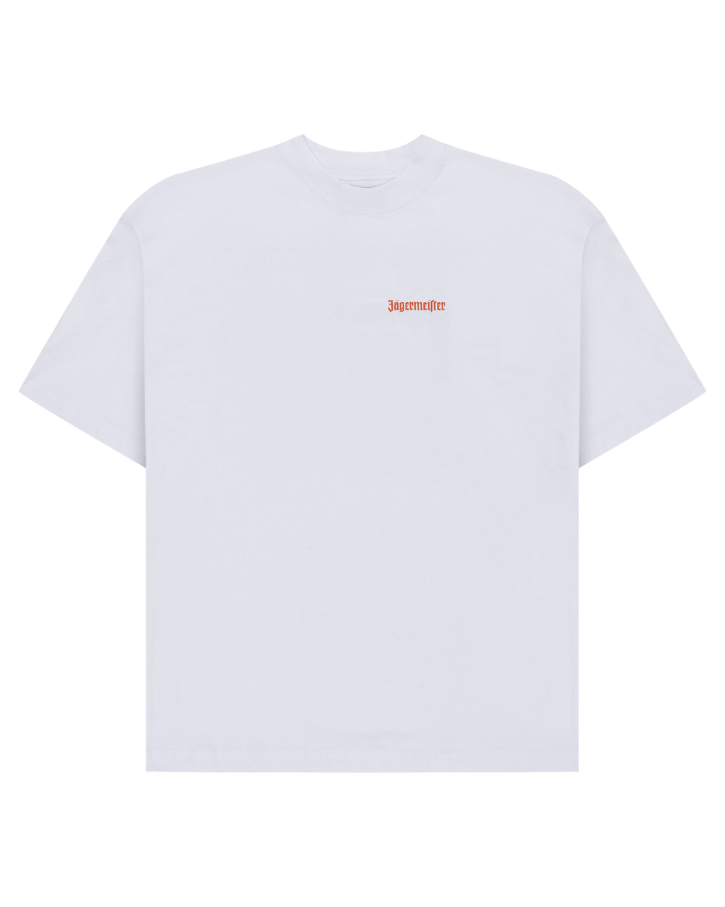 Wit Jägermeister T-shirt met een oranje woordmerklogo op de borst.