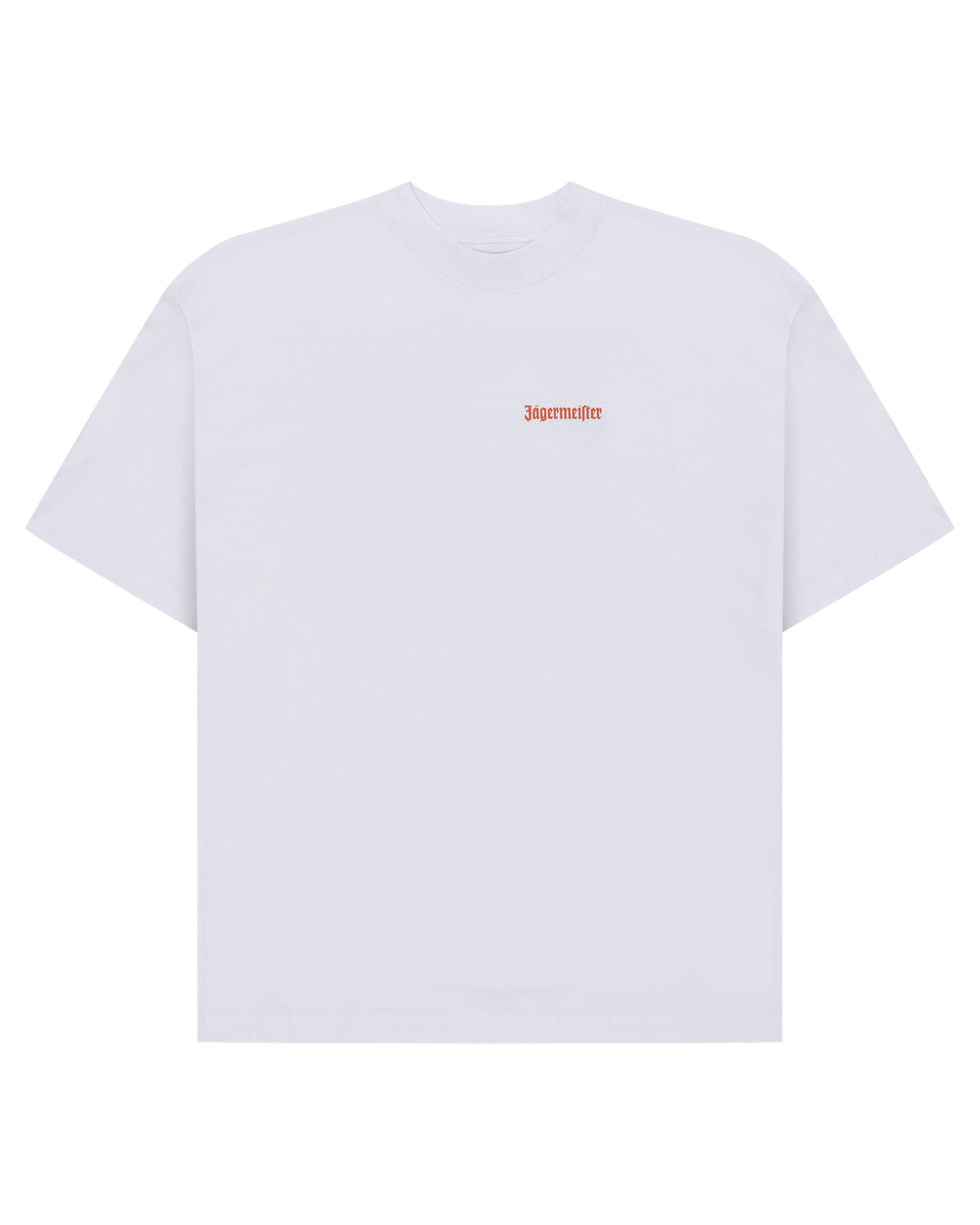 Wit Jägermeister T-shirt met een oranje woordmerklogo op de borst.