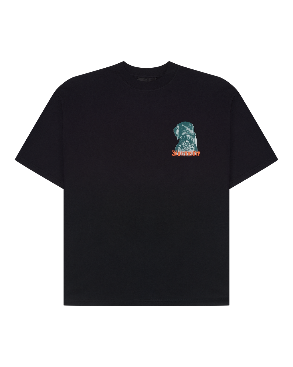 Zwart T-shirt met de Jägermeister Waldi-afbeelding op de borst.