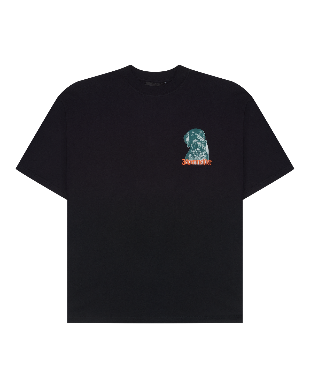Zwart T-shirt met de Jägermeister Waldi-afbeelding op de borst.