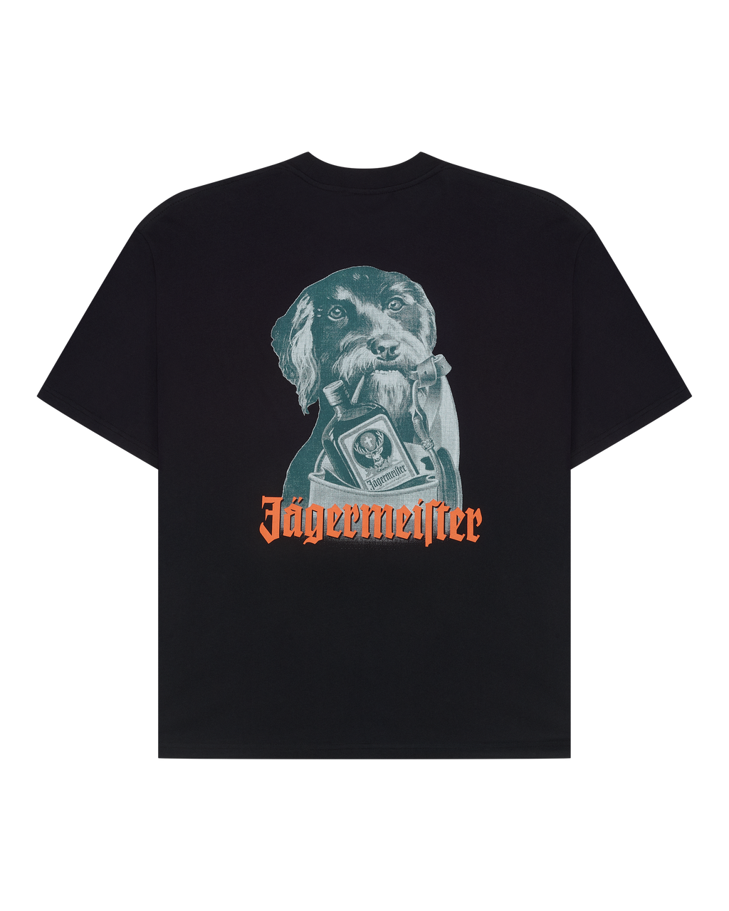Zwart T-shirt met een hondenafbeelding en de 'Jägermeister'-woordmarkering.