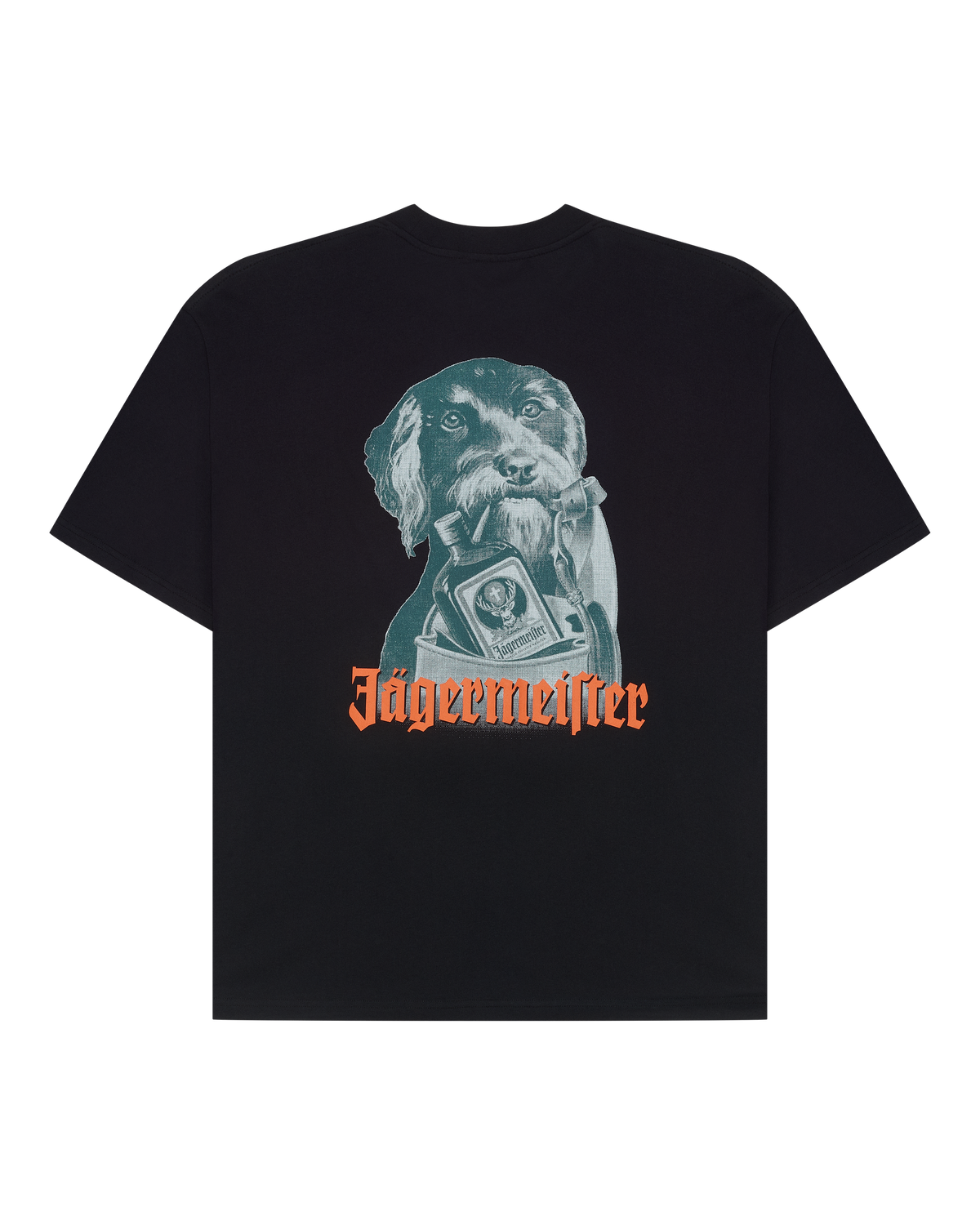 Zwart T-shirt met een hondenafbeelding en de 'Jägermeister'-woordmarkering.