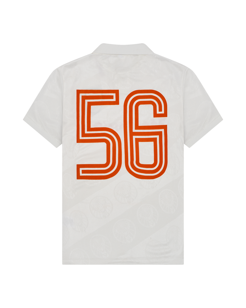 White jersey with orange '56' design on the back.