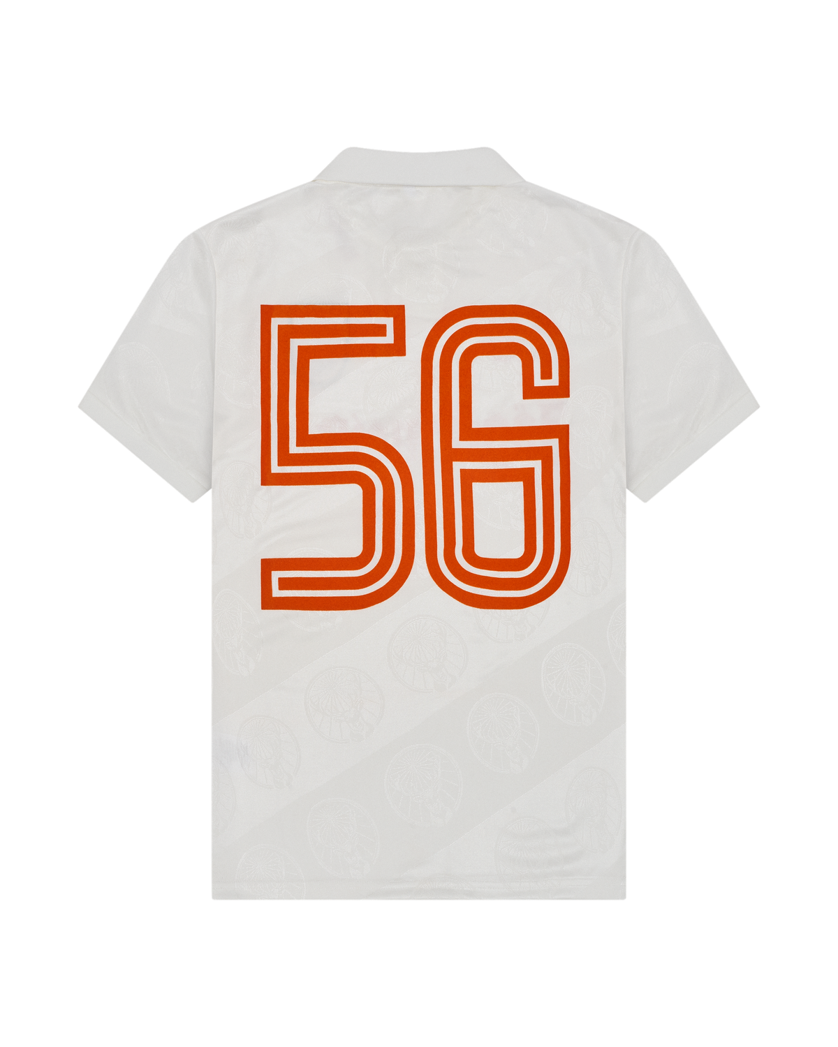 White jersey with orange '56' design on the back.