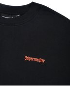 Black t-shirt with orange Jägermeister logo on the chest.