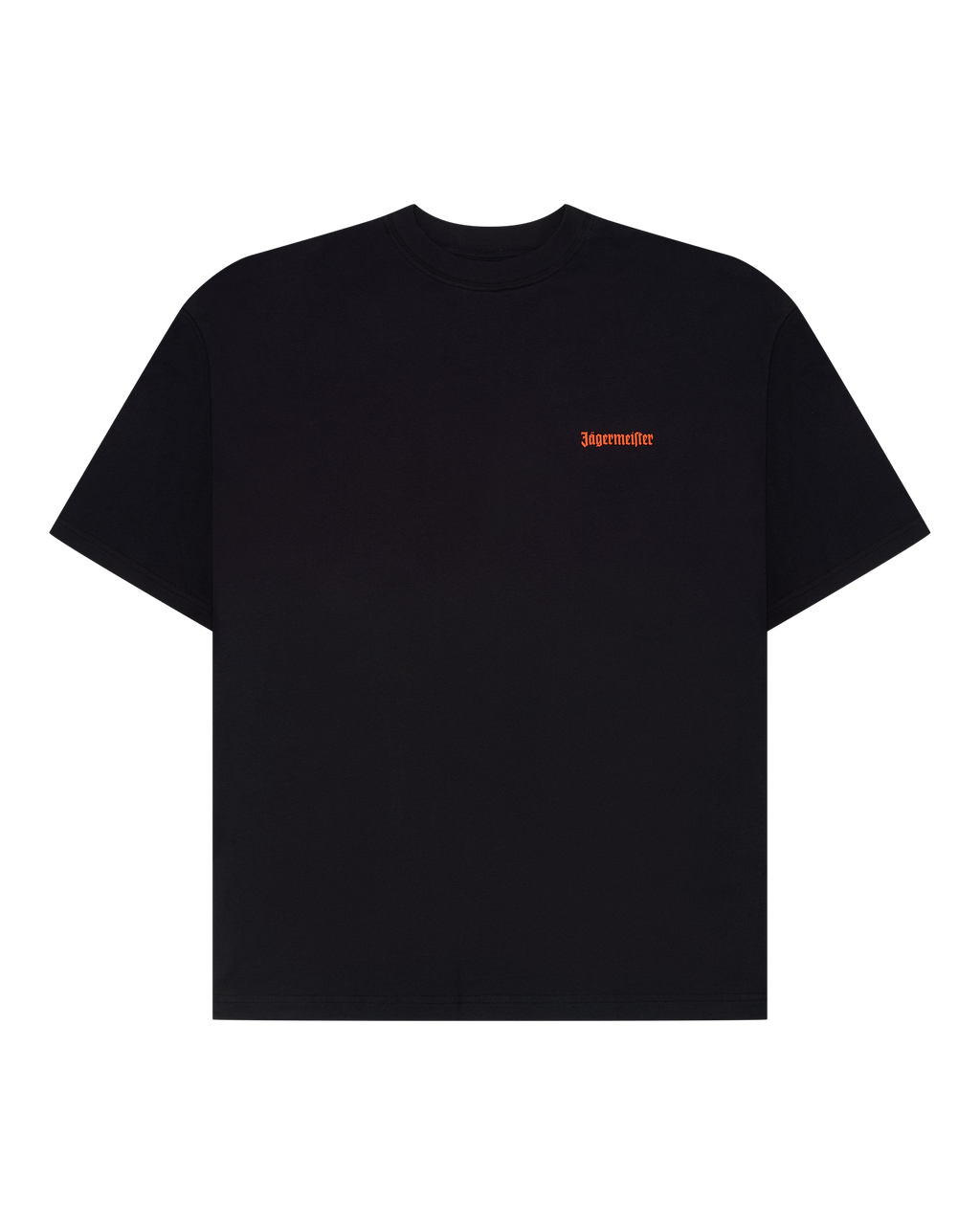 Black Jägermeister label t-shirt with a small orange logo on the chest.