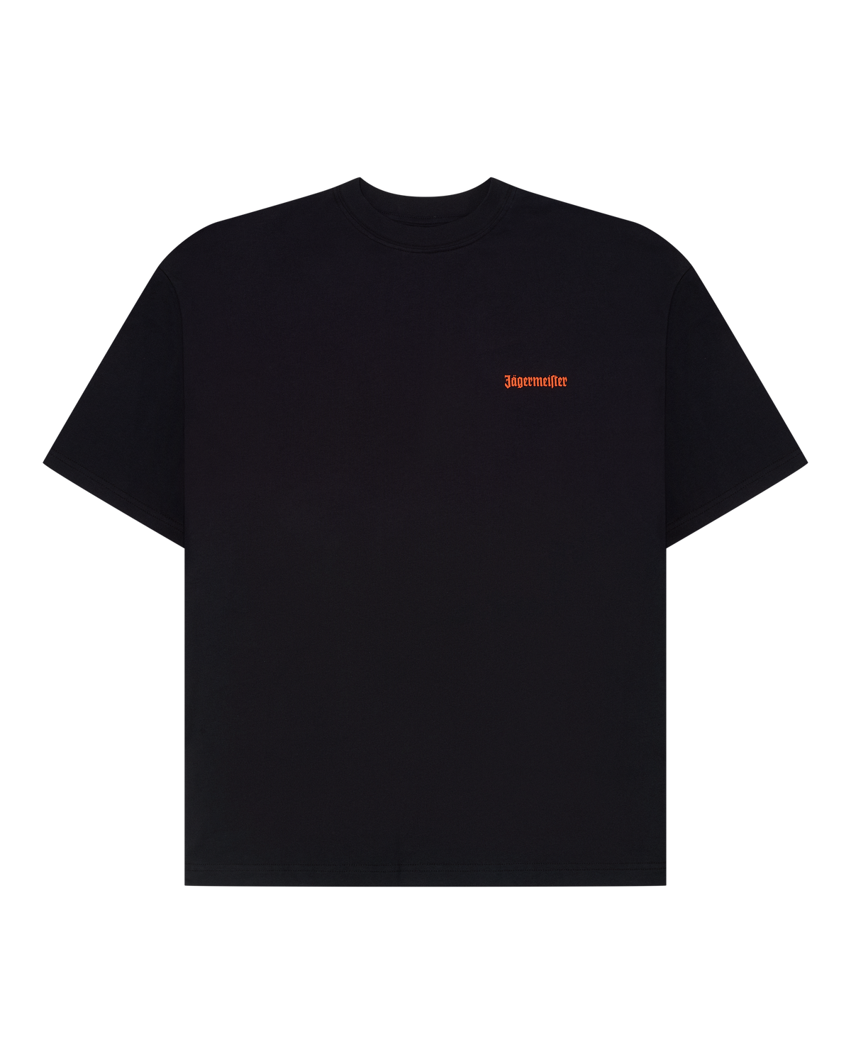 Black Jägermeister label t-shirt with a small orange logo on the chest.