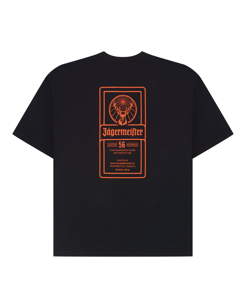 Black t-shirt with orange Jägermeister label on the back.