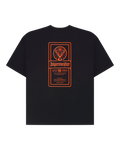 Black t-shirt with orange Jägermeister label on the back.