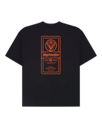Black t-shirt with orange Jägermeister label on the back.