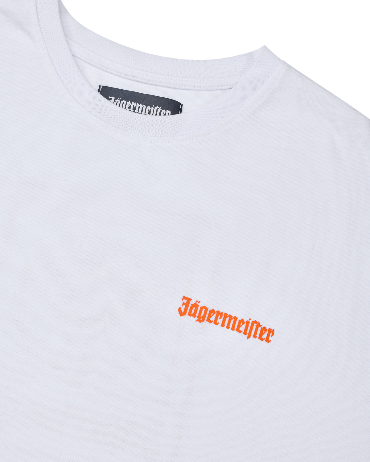 White t-shirt with an orange 'Jägermeister' logo.