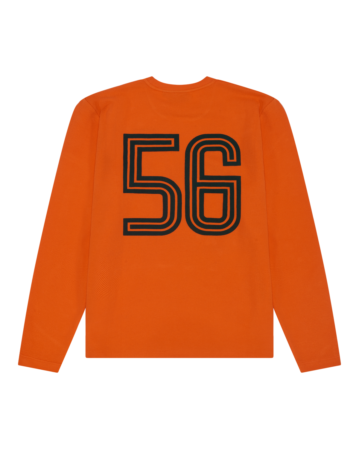 Orange Jägermeister longsleeve with black number 56 on the back.