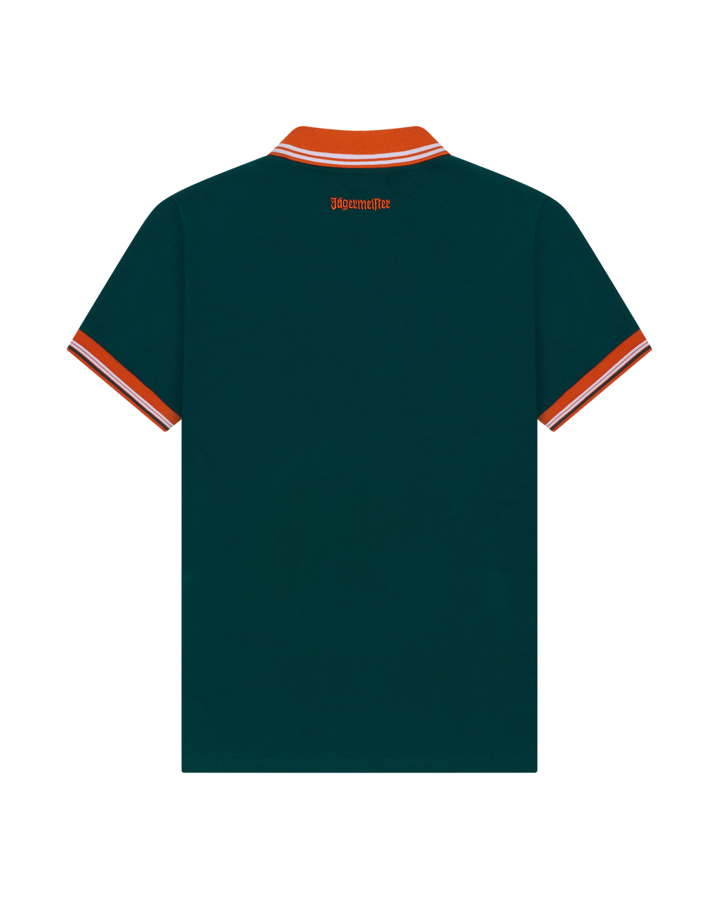 Green Jägermeister polo shirt with orange trim.