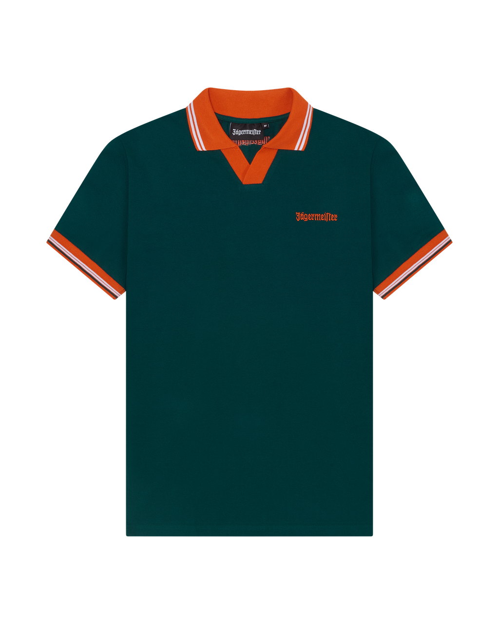 Green Jägermeister polo shirt with orange accents.